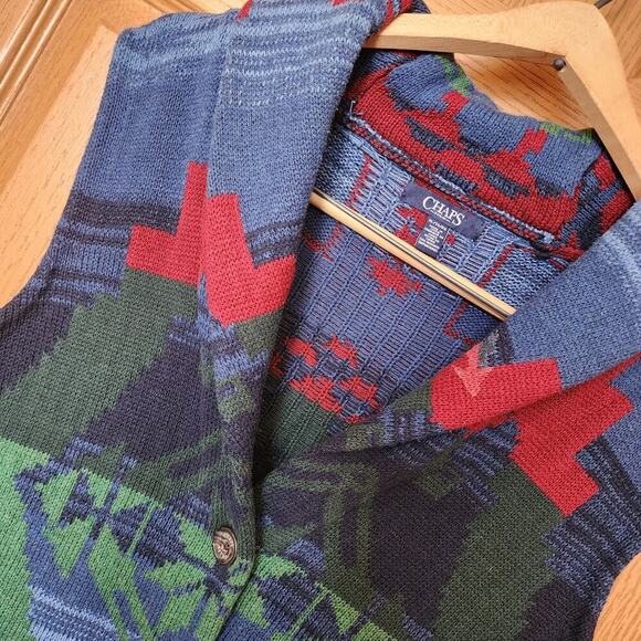 Chaps Navajo Southwestern Sweater Vest Women's Size XL Shawl Neck Button Blue - Picture 4 of 16
